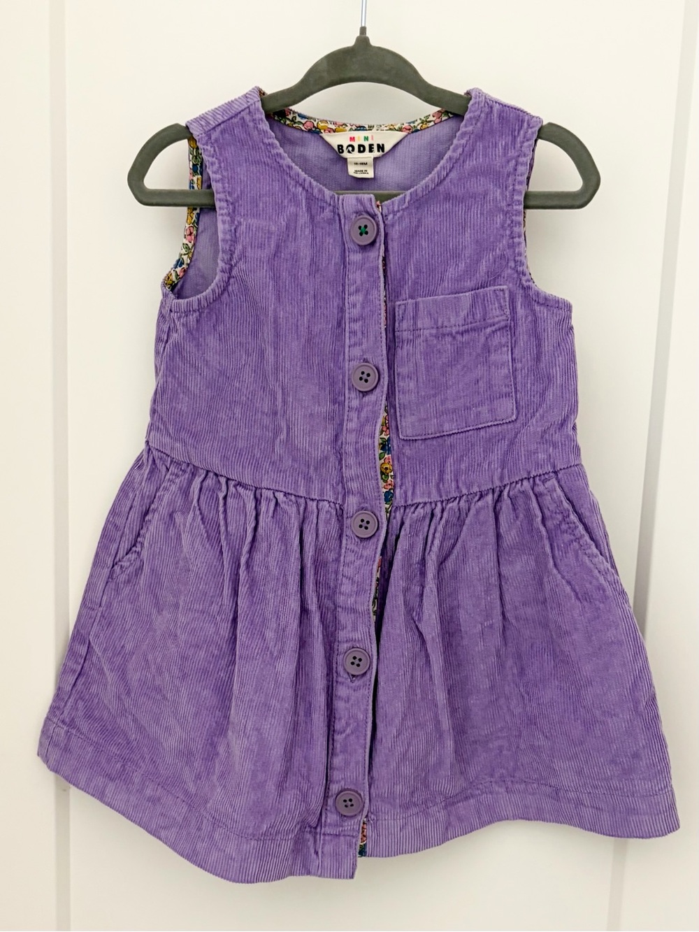 Mini Boden Corduroy Button Pinafore, Cotton Cord Aster Purple Layer Pocket Lilac